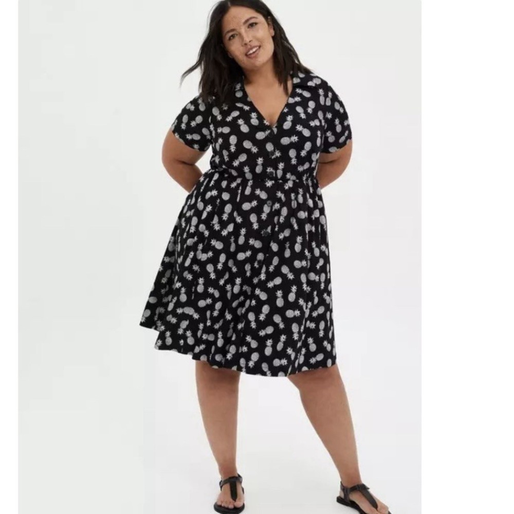 Torrid Black White Pineapple Button Up Challis Shirt Dress Size‎ 6X Pockets